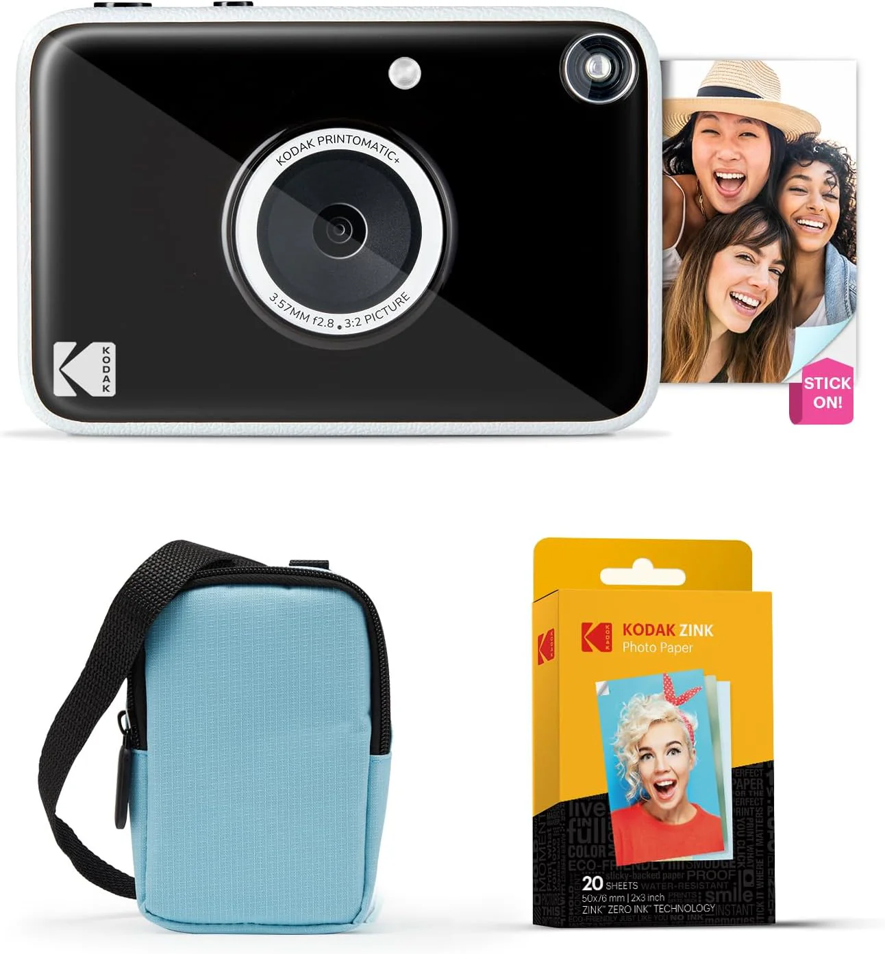 KODAK Printomatic+ Instant Print Digital Camera Starter Bundle + Carrying Case (Blue) + Zink 20pk Sticky-Back Photo Paper - 10MP, Full-Color Photos, GB LED Status Indicator - Black