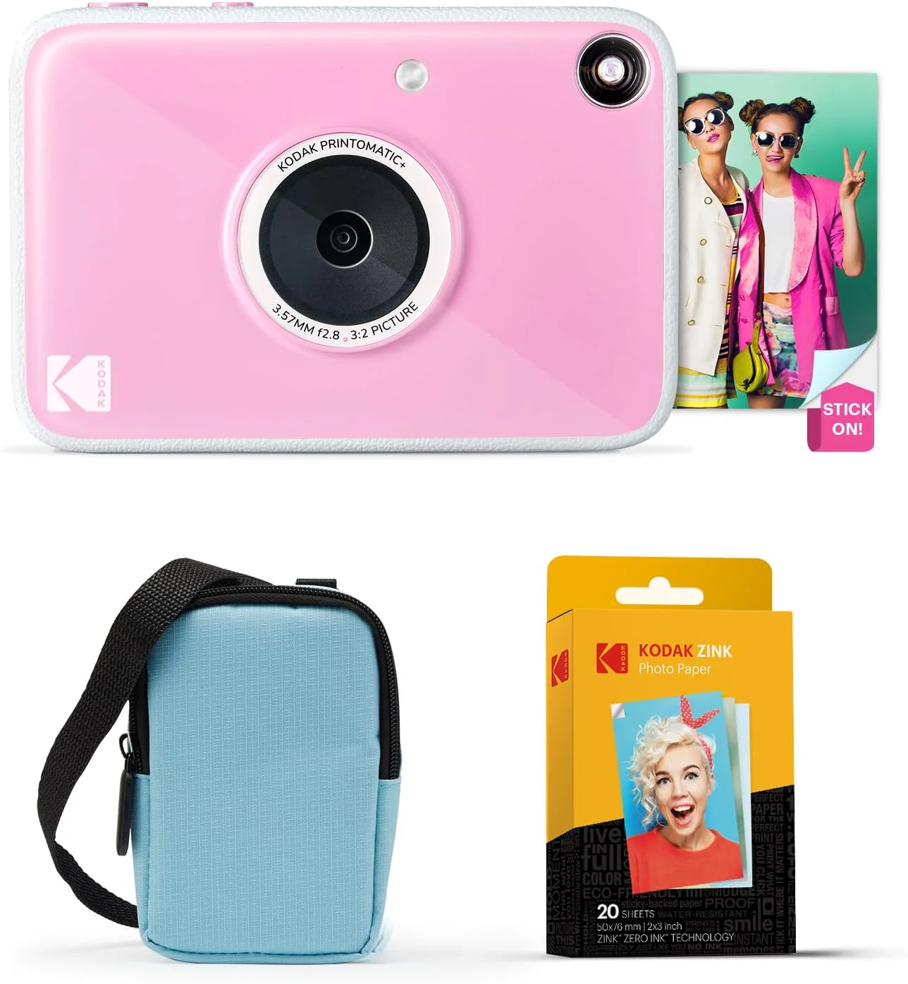 KODAK Printomatic+ Instant Print Digital Camera Starter Bundle + Carrying Case  (Blue) + Zink 20pk Sticky-Back Photo Paper - 10MP, Full-Color Photos, GB LED Status Indicator - Pink