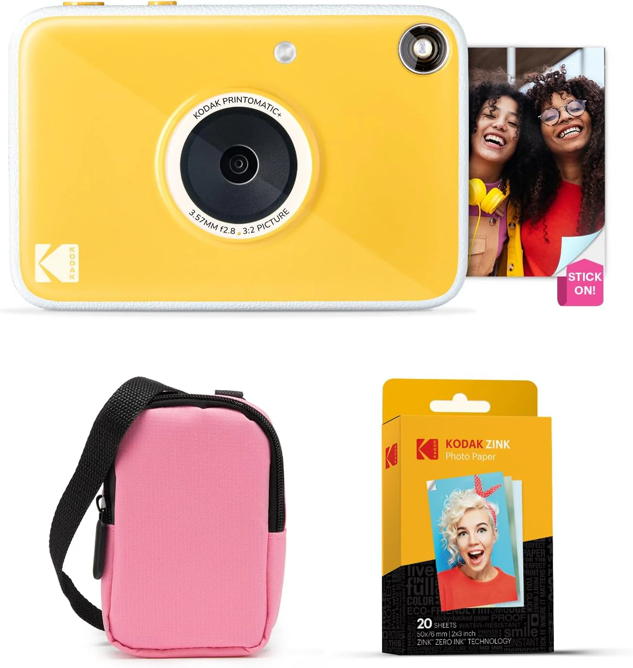 KODAK Printomatic+ Instant Print Digital Camera Starter Bundle + Carrying Case  (Pink) + Zink 20pk Sticky-Back Photo Paper - 10MP, Full-Color Photos, GB LED Status Indicator - Yellow