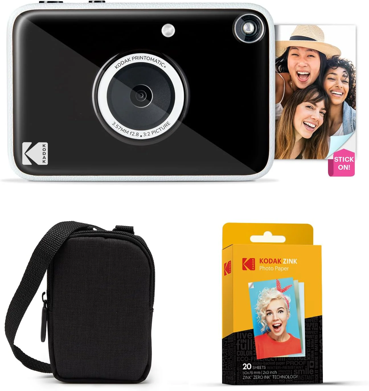 KODAK Printomatic+ Instant Print Digital Camera Starter Bundle + Carrying Case + Zink 20pk Sticky-Back Photo Paper - 10MP, Full-Color Photos, GB LED Status Indicator - Black