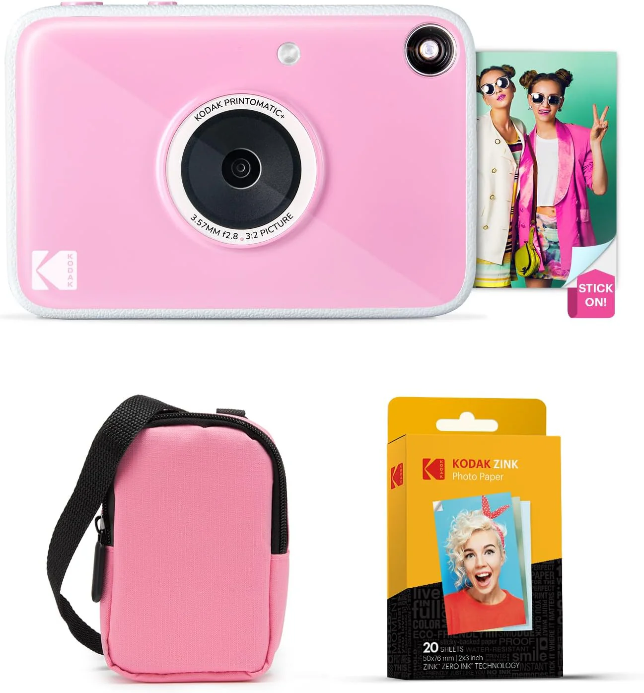 KODAK Printomatic+ Instant Print Digital Camera Starter Bundle + Carrying Case  (Pink) + Zink 20pk Sticky-Back Photo Paper - 10MP, Full-Color Photos, GB LED Status Indicator - Pink