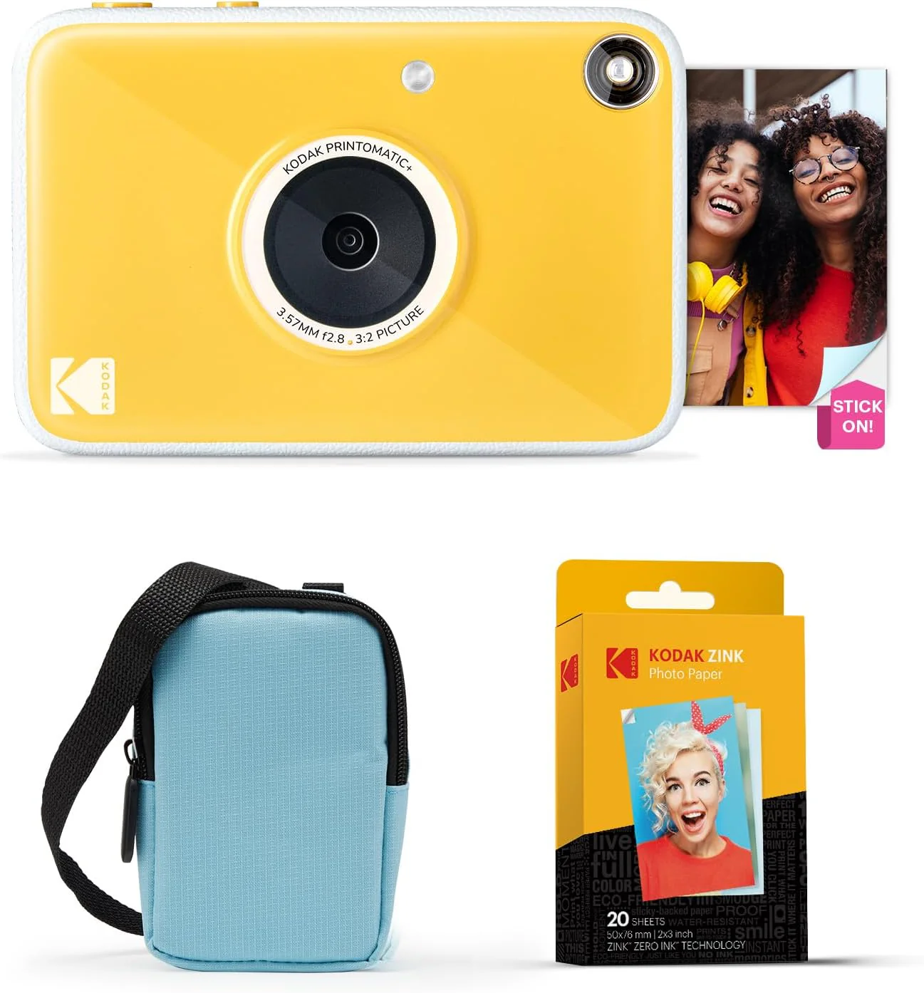 KODAK Printomatic+ Instant Print Digital Camera Starter Bundle + Carrying Case  (Blue) + Zink 20pk Sticky-Back Photo Paper - 10MP, Full-Color Photos, GB LED Status Indicator - Yellow