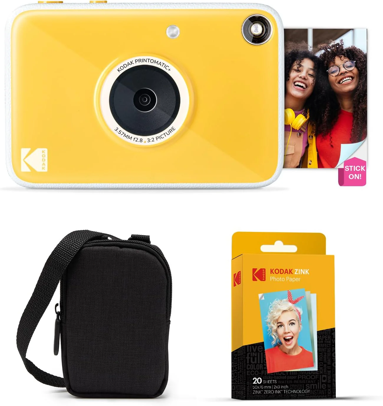 KODAK Printomatic+ Instant Print Digital Camera Starter Bundle + Carrying Case + Zink 20pk Sticky-Back Photo Paper - 10MP, Full-Color Photos, GB LED Status Indicator - Yellow